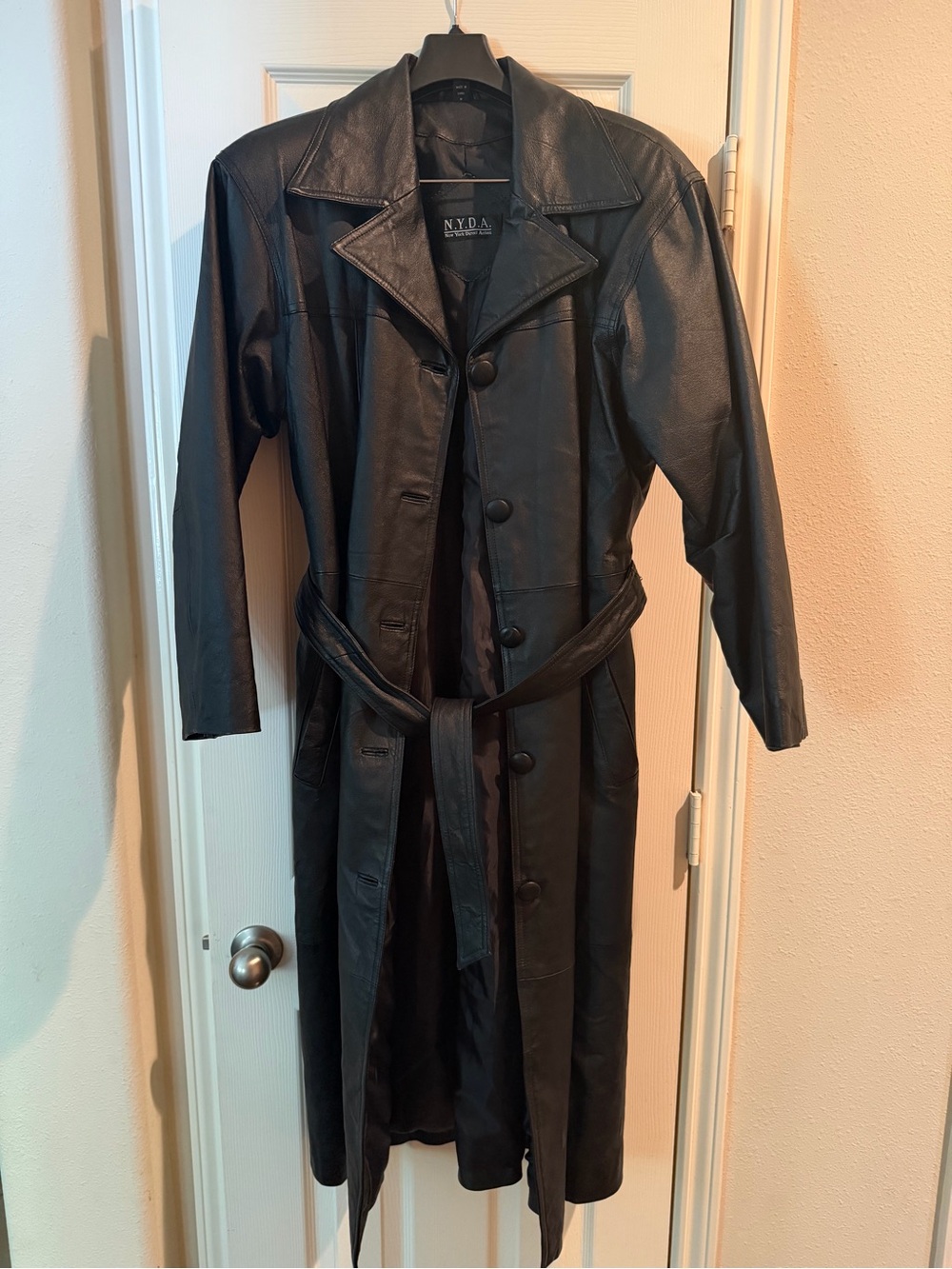 NYDA Black Leather Long Trench Coat with Belt